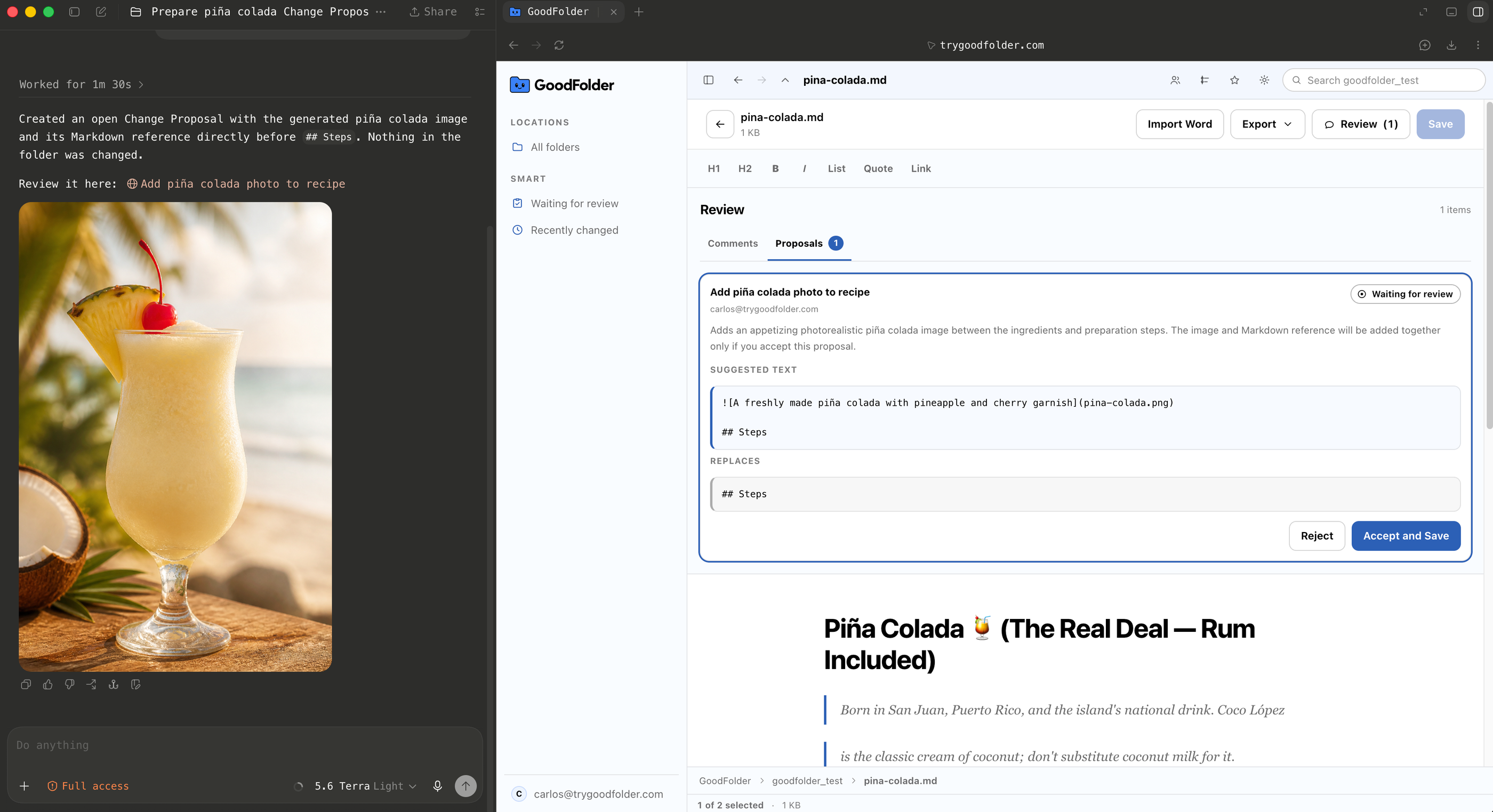 Codex beside GoodFolder, where the assistant has prepared a Change Proposal that adds a generated image and its Markdown reference to a recipe.
